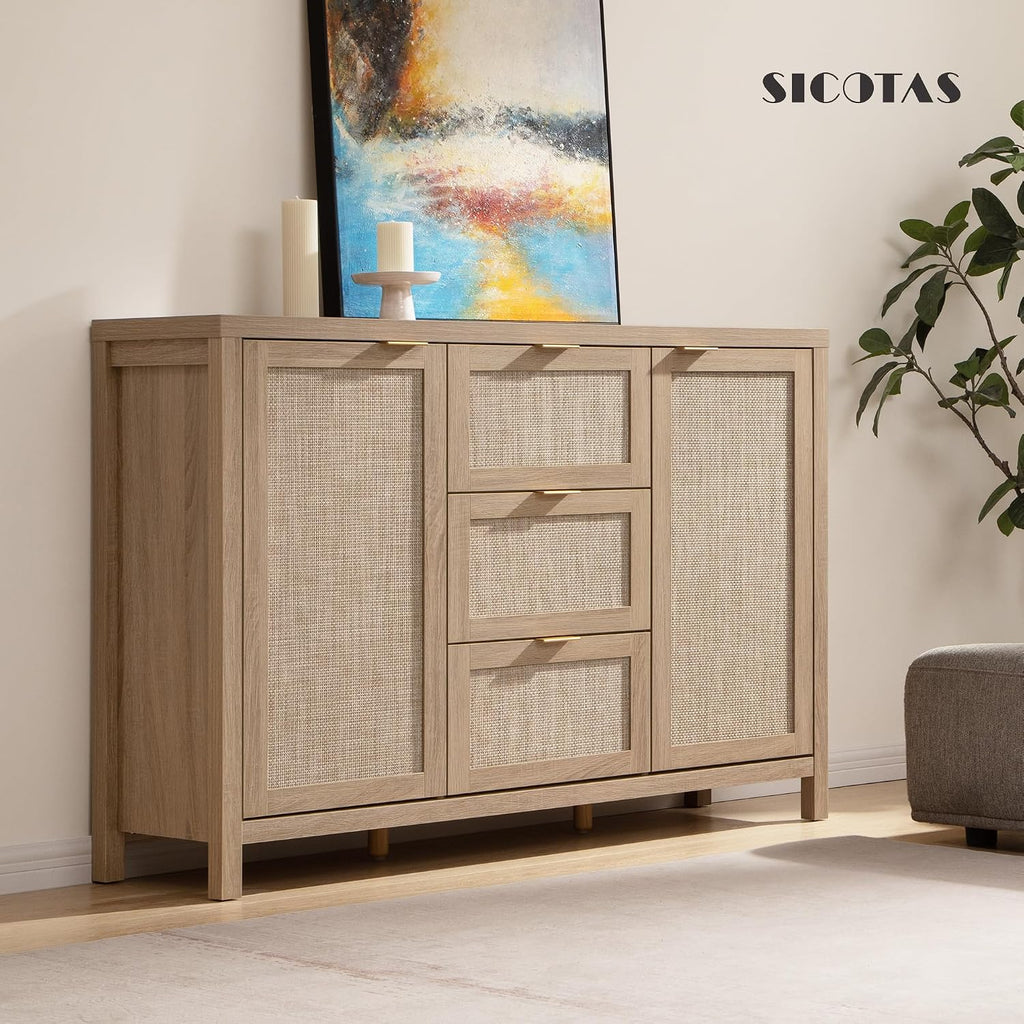 SICOTAS 52' Larger Sideboard Buffet Coffee Bar Cabinet with Storage - Farmhouse Rattan Credenza Storage Cabinet with 3 Drawers and 2 Doors, Boho Console Table for Living Room, Kitchen, Light Oak