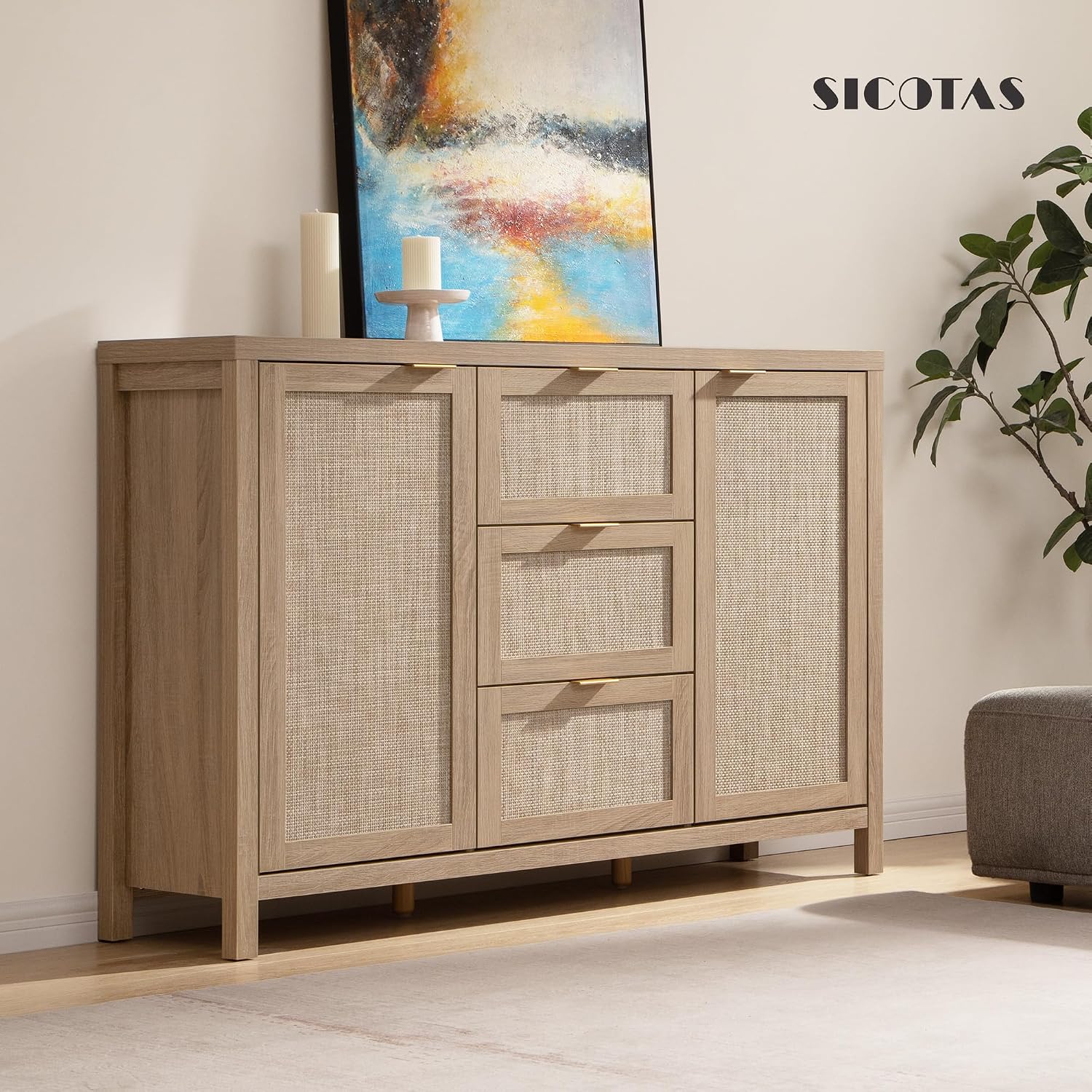 SICOTAS 52' Larger Sideboard Buffet Coffee Bar Cabinet with Storage - Farmhouse Rattan Credenza Storage Cabinet with 3 Drawers and 2 Doors, Boho Console Table for Living Room, Kitchen, Light Oak