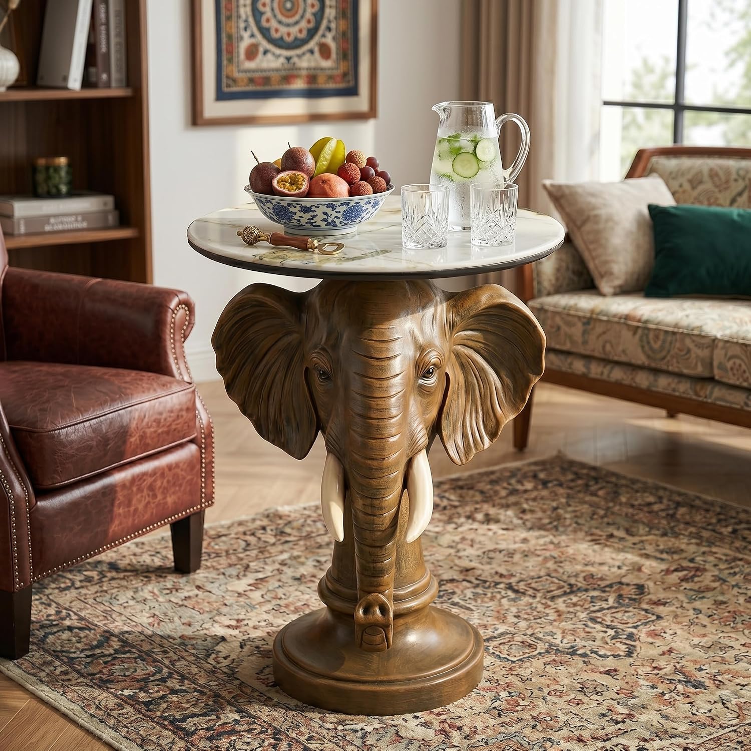Elephant Sculptural Side Table, 19.69' W x 25.98' H Faux Marble Top, Animal End Table, Unique Accent Table for Living Room,Bedroom, Gift for Housewarming