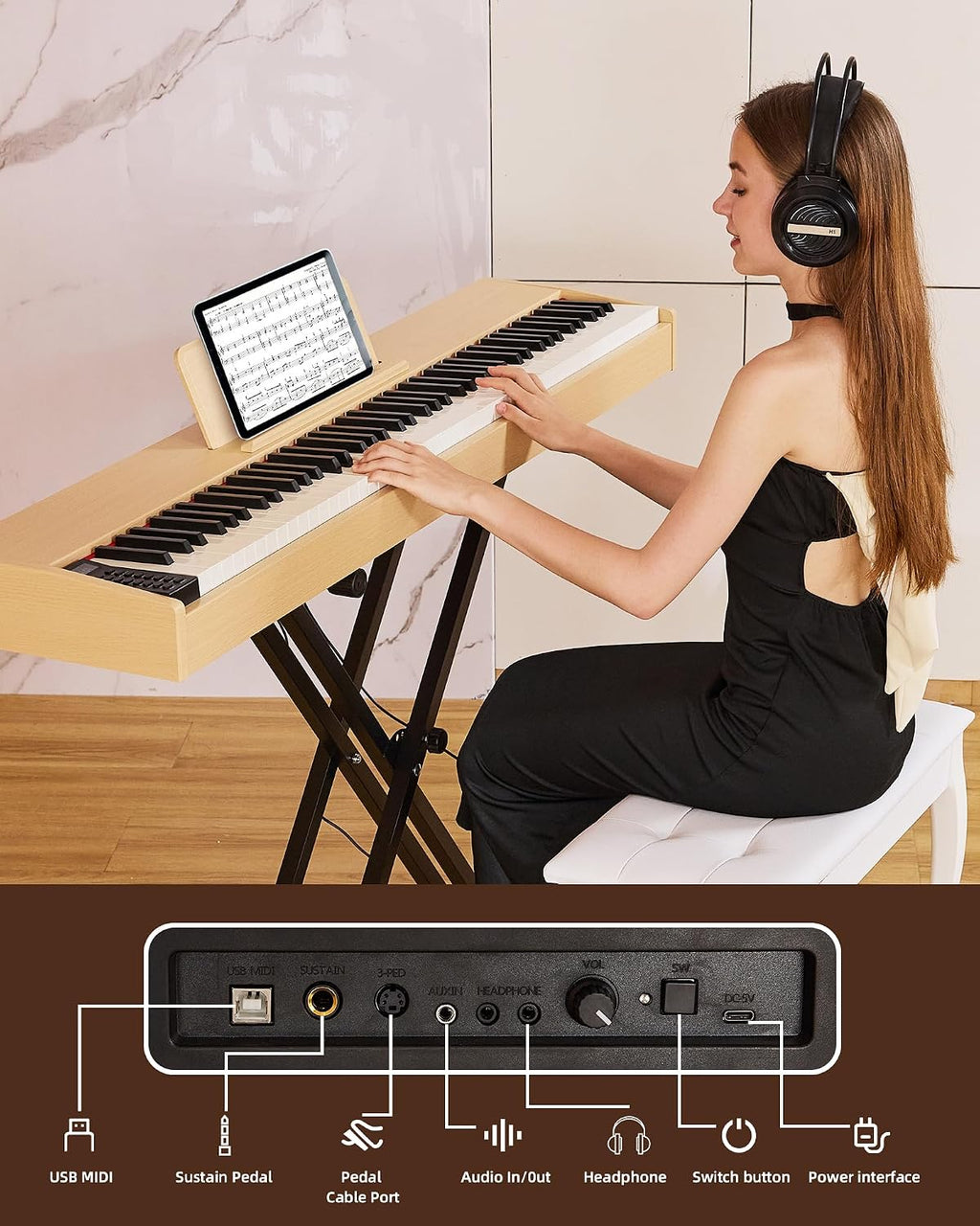 Digital Piano 88 key Semi Weighted Keyboard With X Stand & Sustain Pedal, Full-Size Beginner Electric Piano For Bluetooth, Headphone Mode, USB-MIDI