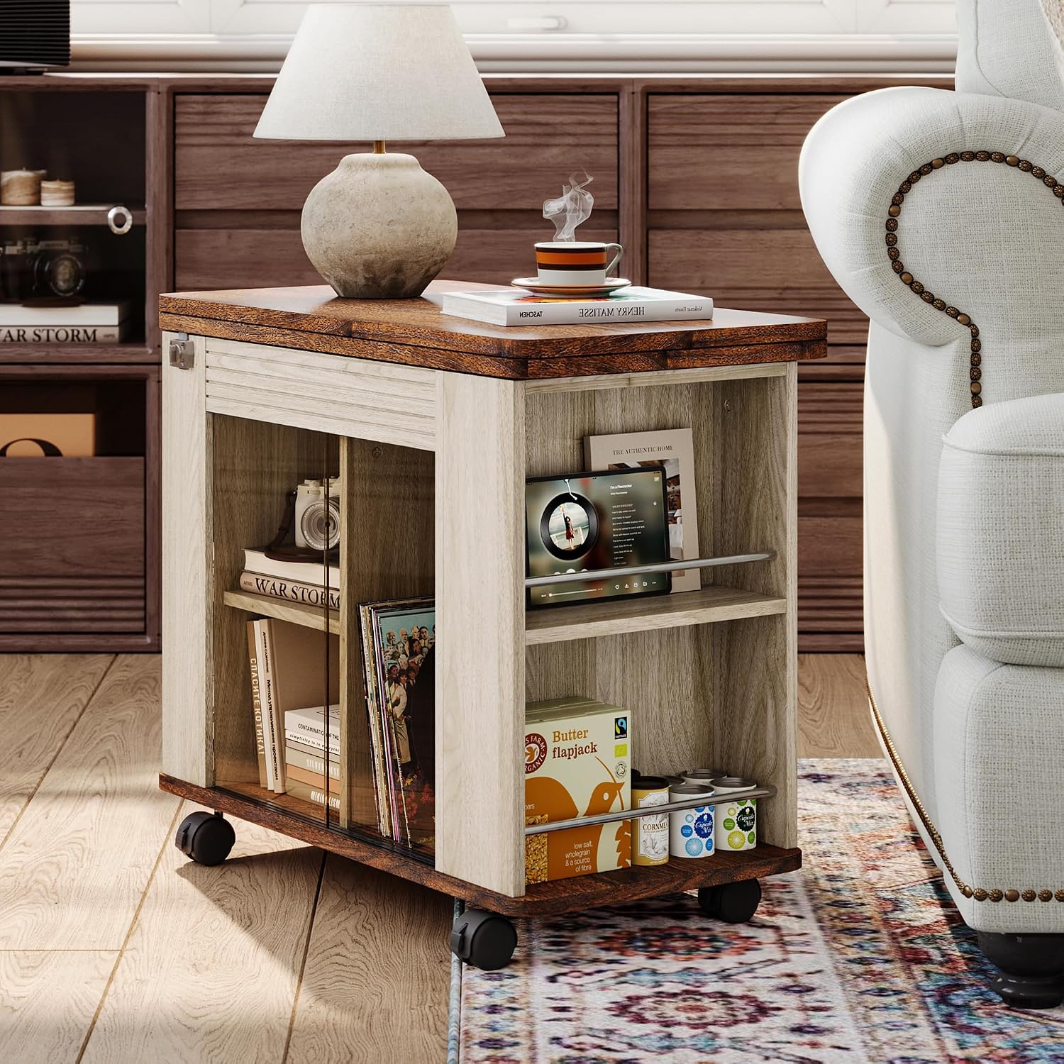 LINSY Folding Top End Table, Rolling Side Table with Universal Wheels, Modern Farmhouse Coffee Table with Sliding Glass Doors and Storage Shelf, Wood Narrow Nightstand for Living Room and Small Space