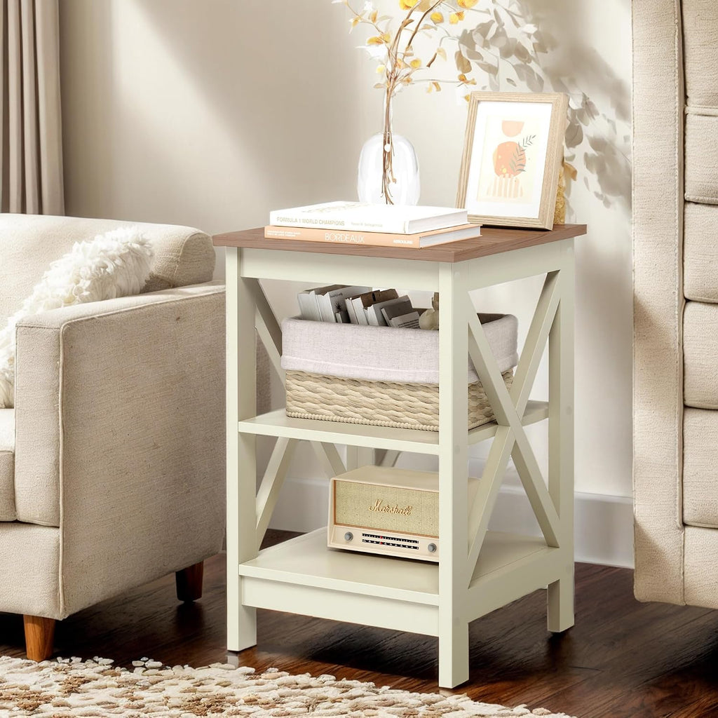 MAISON ARTS End Tables, Farmhouse Nightstand Set of 2, Small Side Table Living Room 3-Tier Modern Bed Side Table Nightstands for Bedroom, Sofa End Tables Set, Ivory White