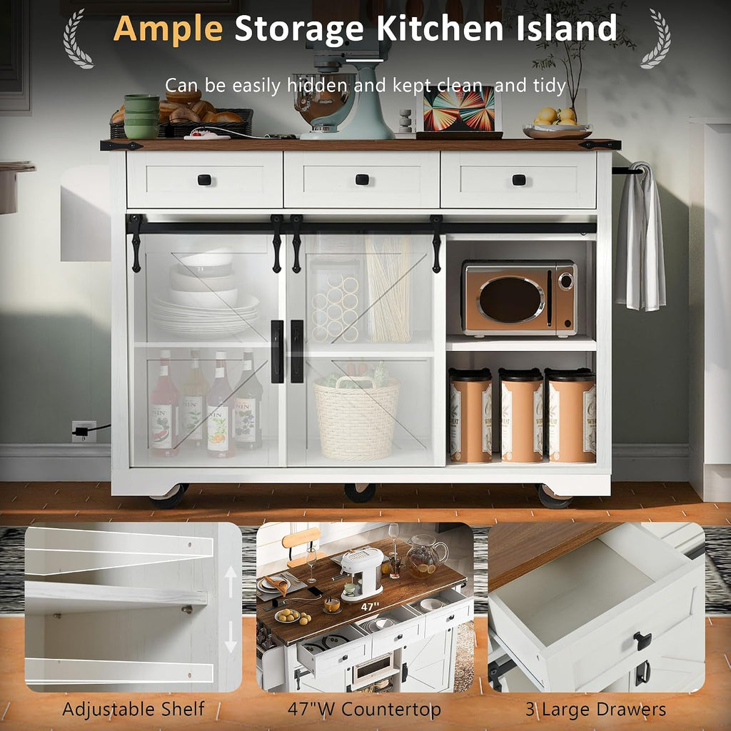 53.7' Farmhouse Kitchen Island With Power Outlet and Sliding Barn Doors, Rustic Storage Island With Drop Leaf, Rolling Cart With Drawers and Spice Rack for Dining Room
