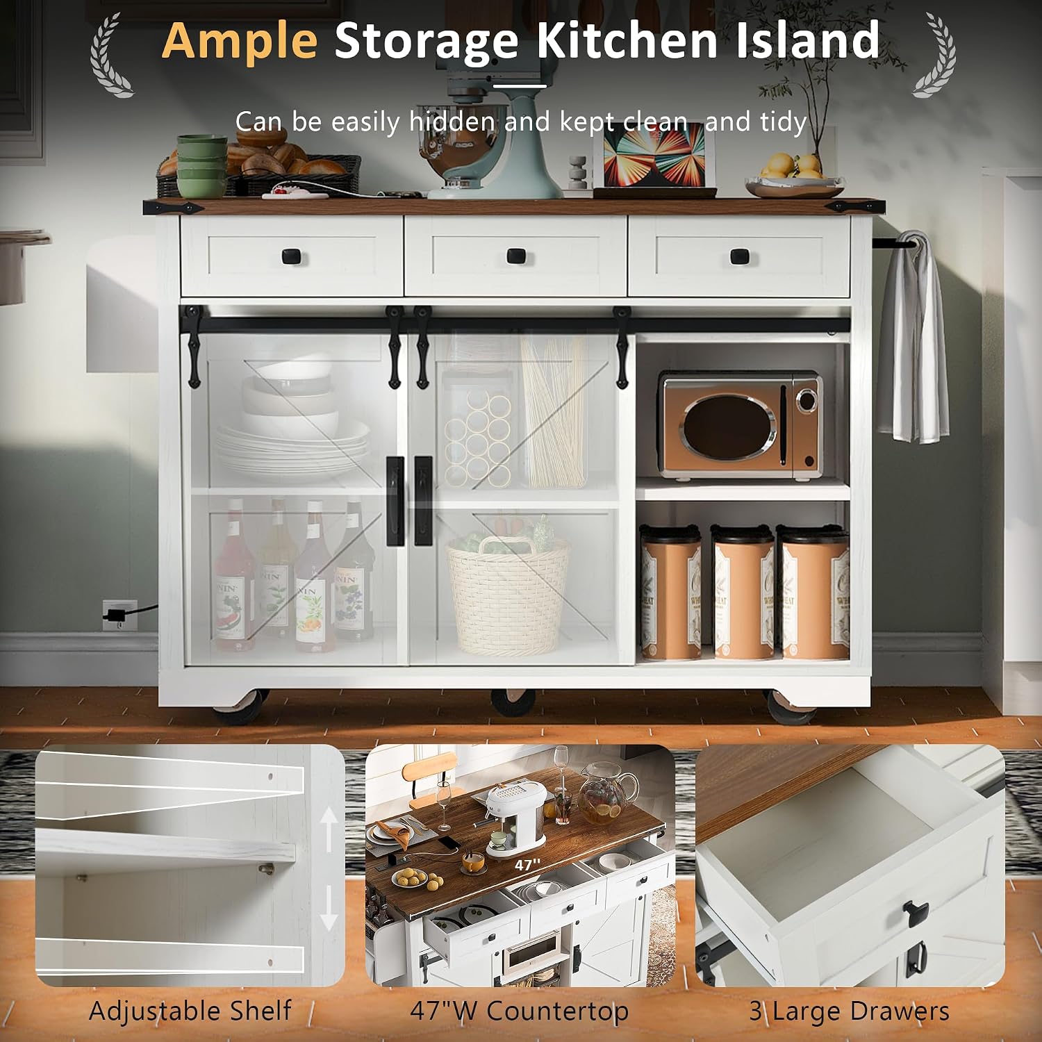 53.7' Farmhouse Kitchen Island With Power Outlet and Sliding Barn Doors, Rustic Storage Island With Drop Leaf, Rolling Cart With Drawers and Spice Rack for Dining Room
