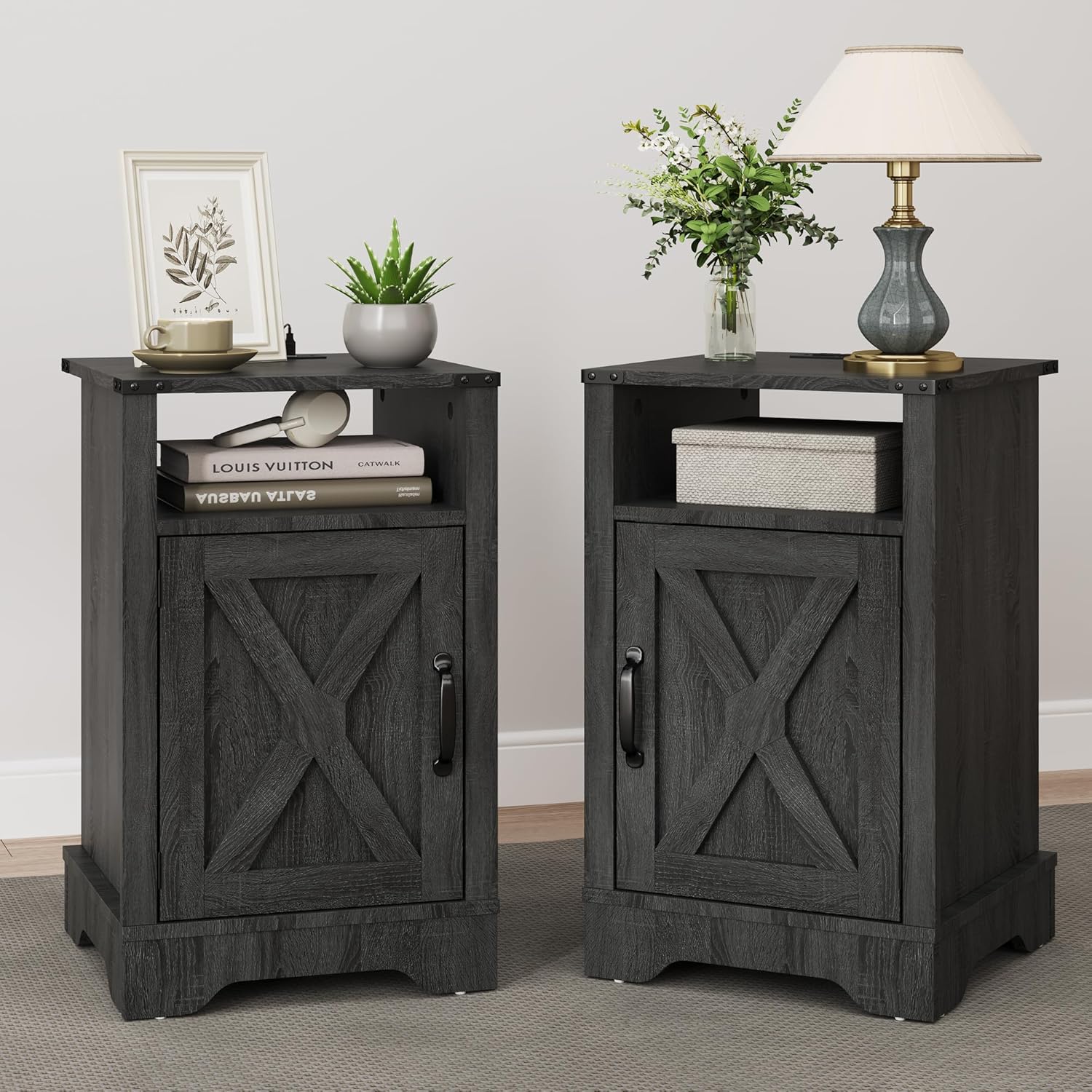 RoyalCraft Farmhouse Nightstand Set of 2, End Table with Charging Station, Tall Bedside Table with Large Storage and Shelf, Wooden Side Table with for Bedroom, Home Office, Dark Grey