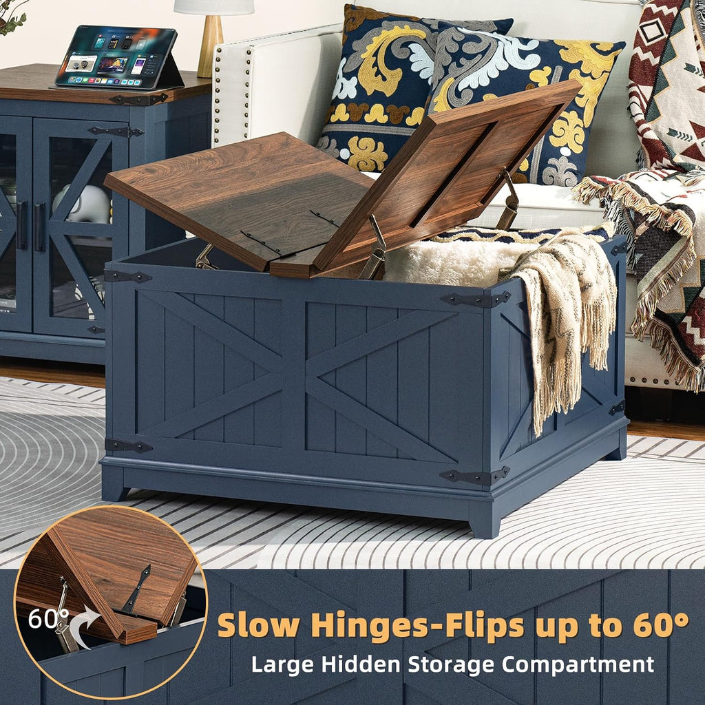 Joaxswe Farmhouse Coffee Table Sets 3 Pieces, Narrow Night Stand with Glass Barn Door Storage, Large Coffee Tables with Hidden Storage Organizer, Wood Furniture Sets for Living Room, Office, Blue