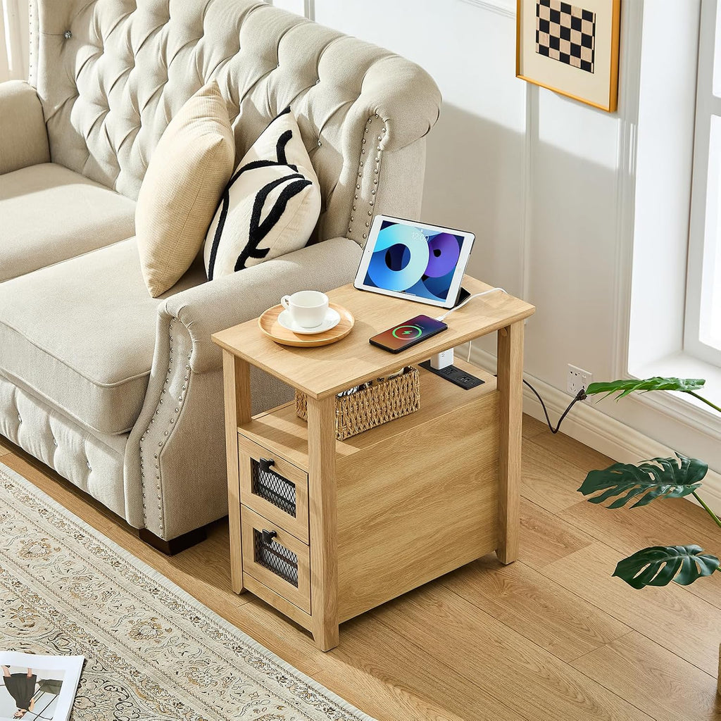 HDDDZSW Farmhouse XXL End Table with Charging Station, Narrow Side Table with USB Ports and Outlets, Nightstand with 2 Drawers Storage, Bedside Tables for Living Room, Bedroom, Wooden Color