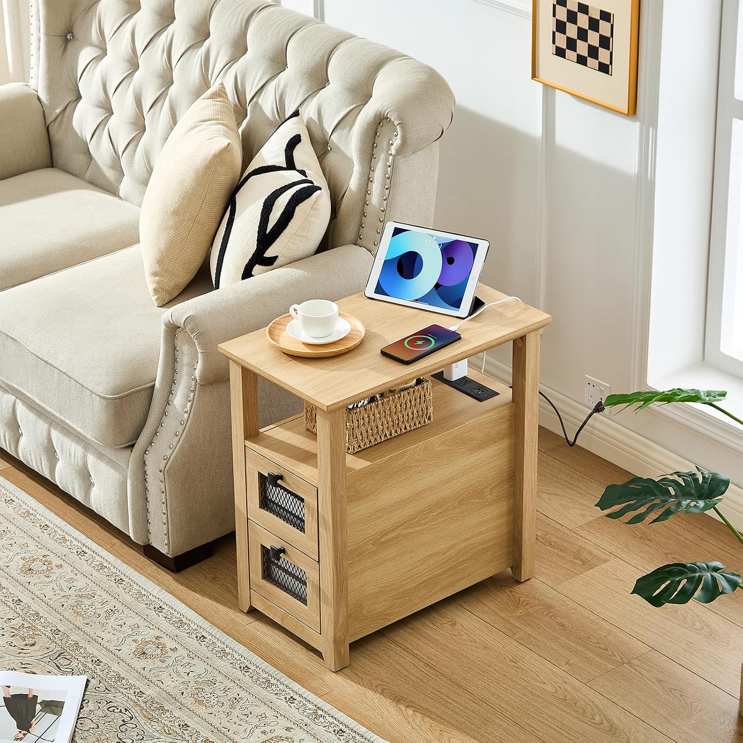 HDDDZSW Farmhouse XXL End Table with Charging Station, Narrow Side Table with USB Ports and Outlets, Nightstand with 2 Drawers Storage, Bedside Tables for Living Room, Bedroom, Wooden Color