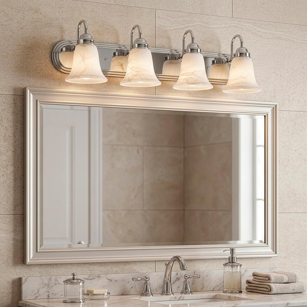 Elk Home Homestead Bathroom Vanity Light, 4-Light Traditional Fixture, Chrome with Alabaster Glass Shade, 30 Inch Wide