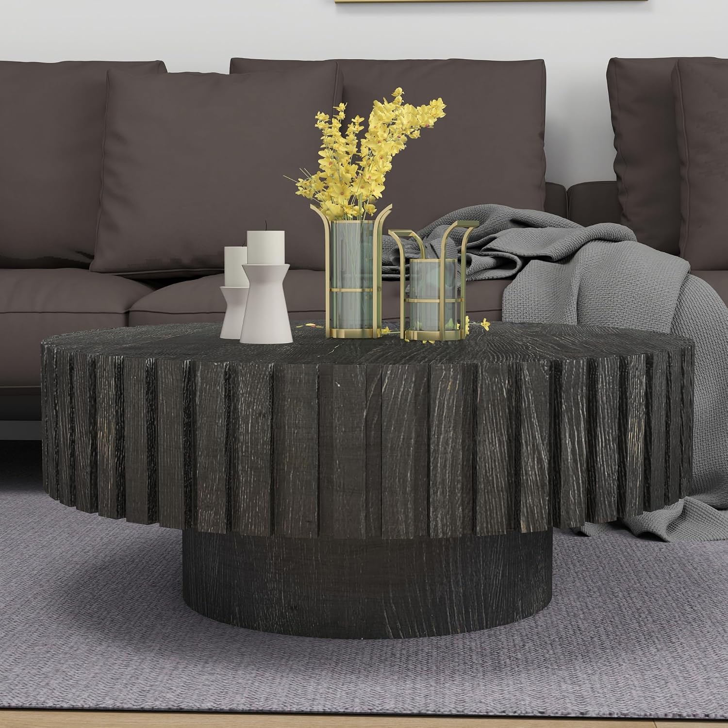 Round Wood Coffee Table for Living Room Modern Rustic Fluted Solid Wood Coffee Table Pedestal Center Table Circle Tea Tables for Apartment Easy Assembly(31.5''Antique Black)