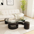 Oval Glass Coffee Table Set of 3, 0.39' Tempered Glass Top and S Shape Base, Modern Coffee Table with 2 Leather Stools, Accent Coffee Table for Living Room Bedroom, Black