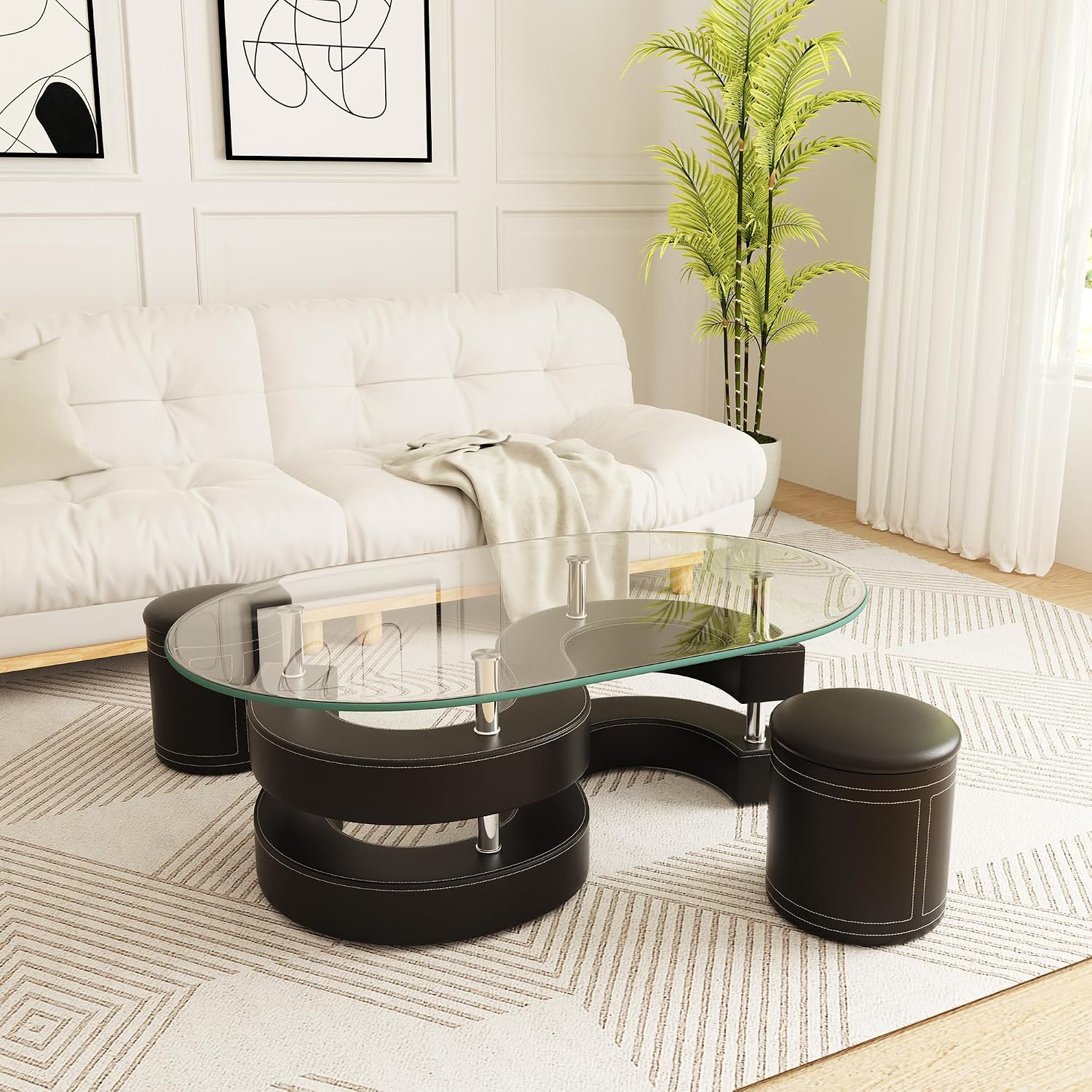 Oval Glass Coffee Table Set of 3, 0.39' Tempered Glass Top and S Shape Base, Modern Coffee Table with 2 Leather Stools, Accent Coffee Table for Living Room Bedroom, Black