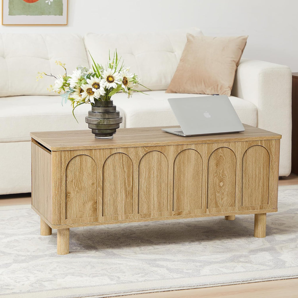 Lift Top Coffee Table with Arched Finish, Modern Coffee Table with Lifting Tabletop & Hidden Storage, Wood Center Table for Living Room,Convenient for Dining, Gaming or Working (Natural)