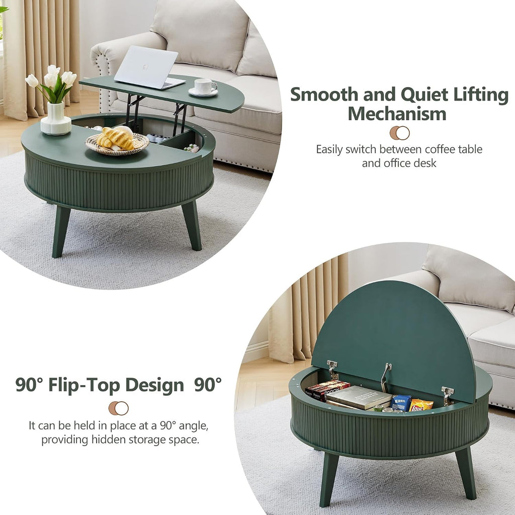 Round Lift Top Coffee Table with Storage, 35.4'' Fluted Wood Center Table Mid Century Modern Coffee Table with Lifting Top for Living Room, Office, Small Space Green
