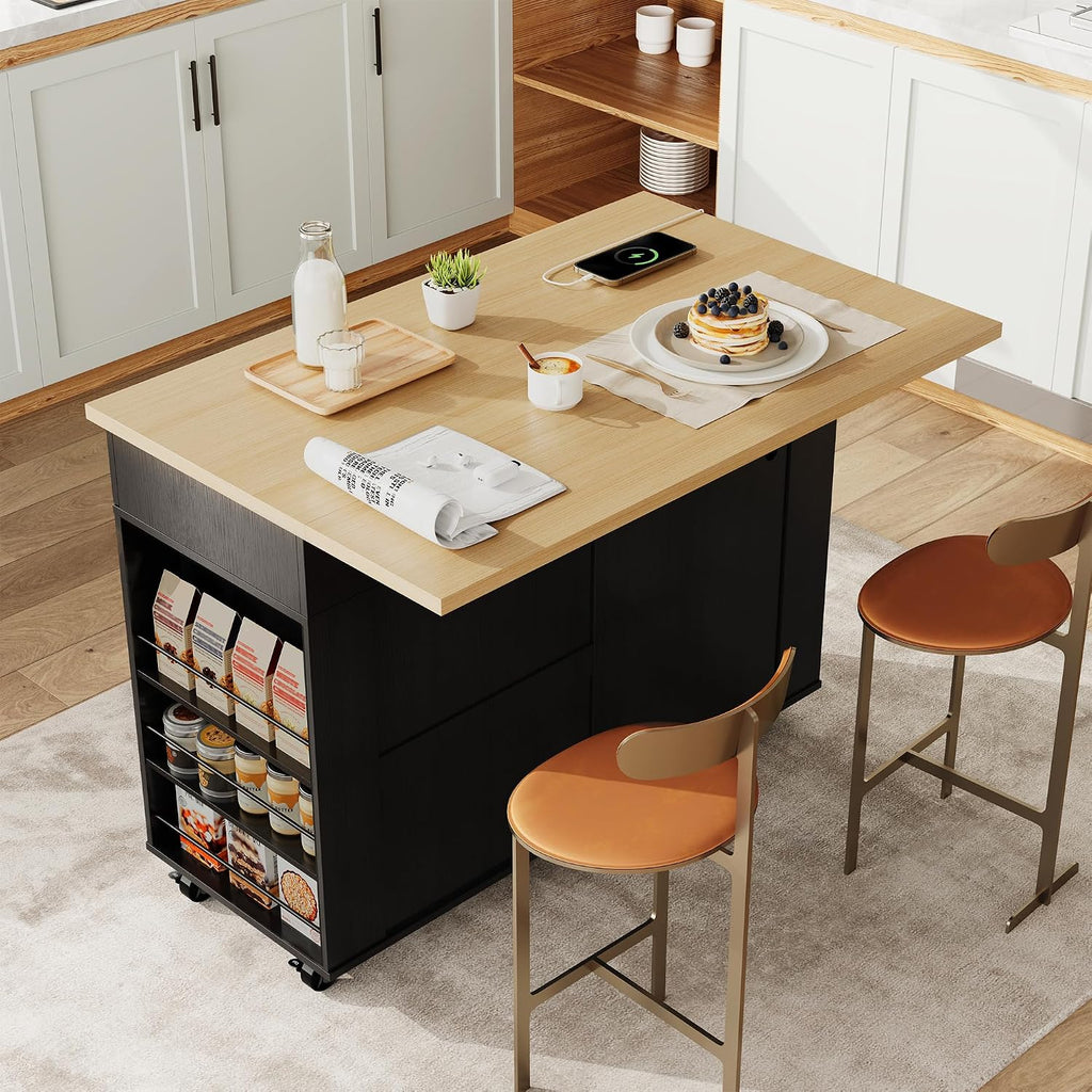 IDEALHOUSE Rolling Kitchen Island with Drop Leaf Countertop, Charging Station & Ample Storage - 47.2' Mobile Kitchen Cart On Wheels with Pull-Out Shelves, Drawers, Spice Rack & Organizer Divider