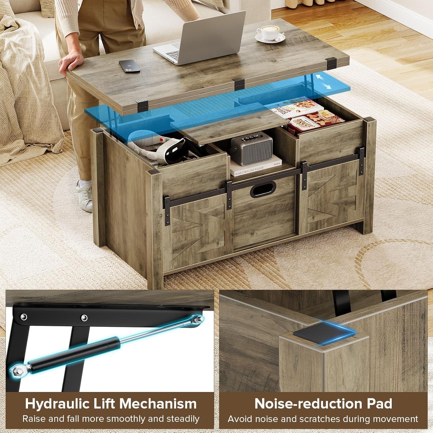 Memobarco 40' Farmhouse Lift Top Coffee Table with Sliding Barn Door,4 in 1 Multi-Function Coffee Tables with Storage Drawers & Hidden Compartment,Converts to Dining Table for Living Room,Grey