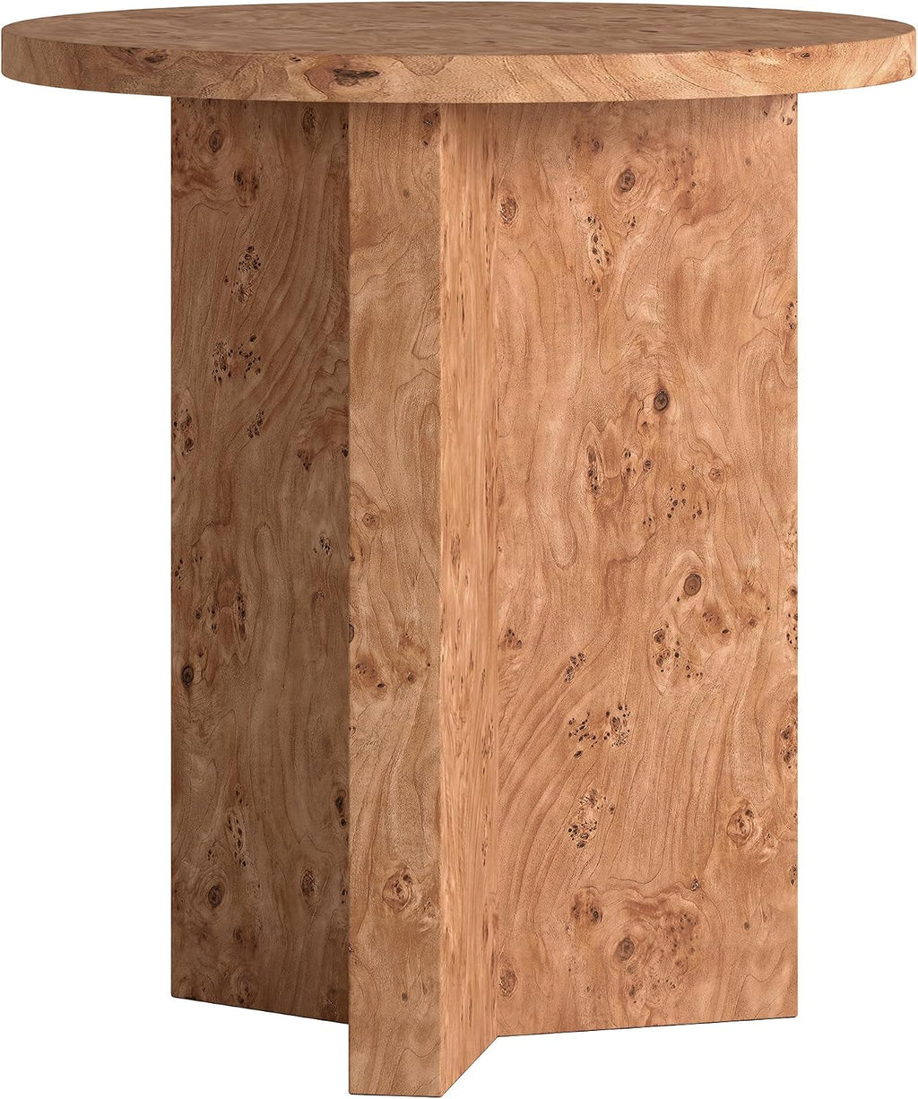Henn&Hart 20' Scandinavian Round Wooden End Table, Side Table, Nightstand with X-Base for Living Room, Office, Family Room, or Bedroom, Caramel Burl