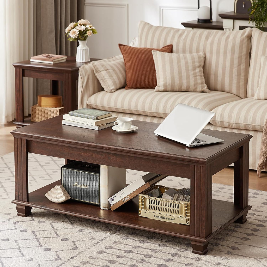SAVOR LIFE Farmhouse Coffee Tables for Living Room,Square Living Room Tables with Open Storage Shelf,Large Modern Coffee Table,Rustic Brown Center Table,Walnut