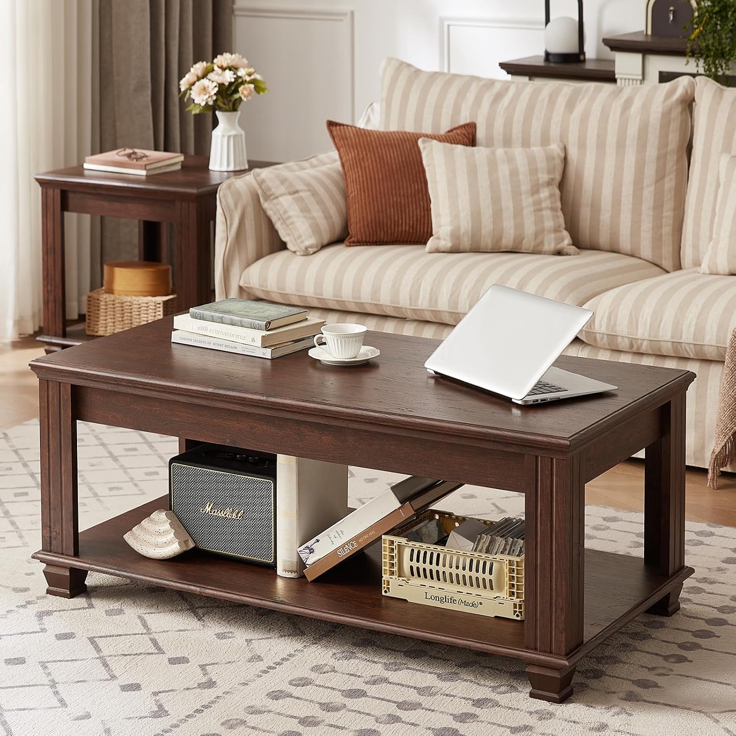 SAVOR LIFE Farmhouse Coffee Tables for Living Room,Square Living Room Tables with Open Storage Shelf,Large Modern Coffee Table,Rustic Brown Center Table,Walnut
