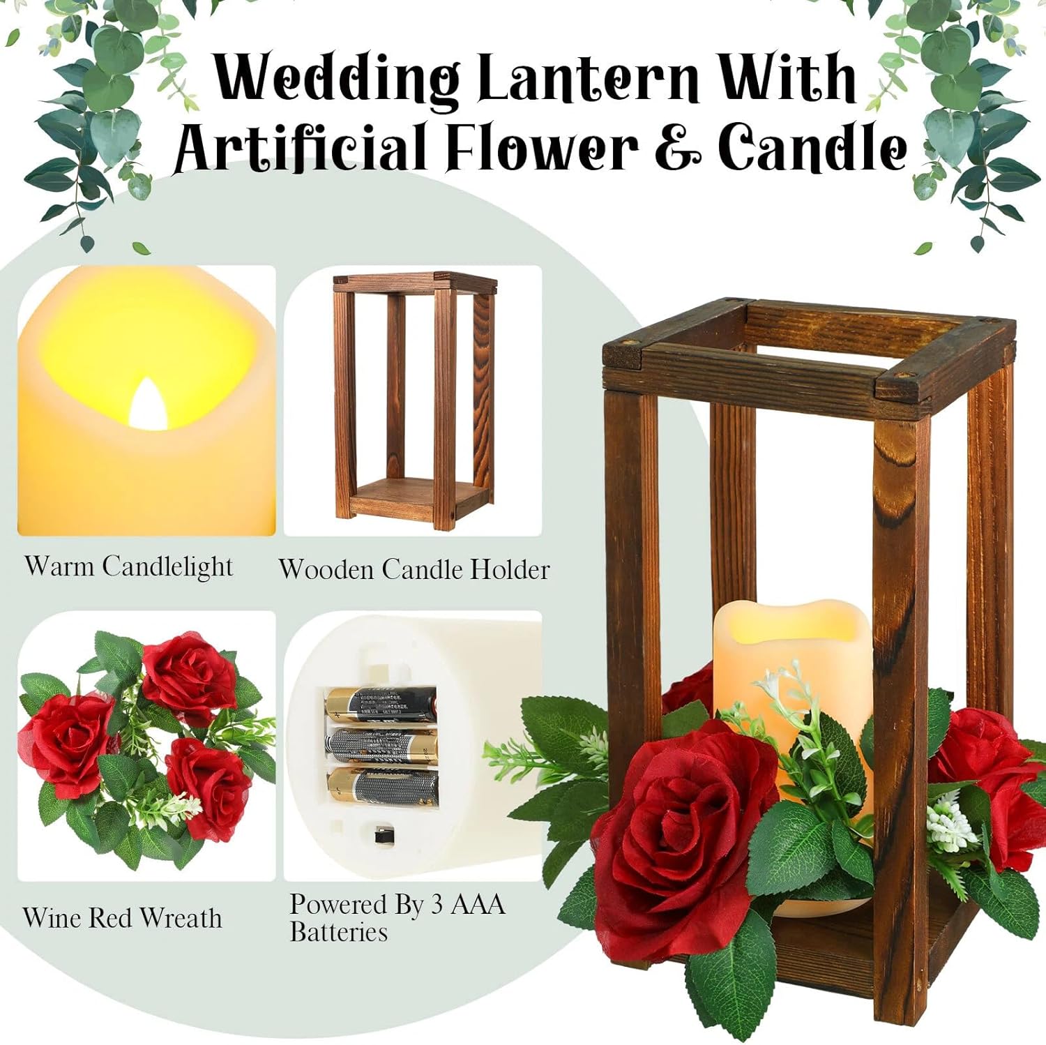 Hushee 60 Pcs Integrated Wedding Lantern Centerpiece Rustic Wooden Holder with Candles and Rings Farmhouse Candle Lantern Decor for Home Valentine Wedding Party Table Decor (Brown and Red)