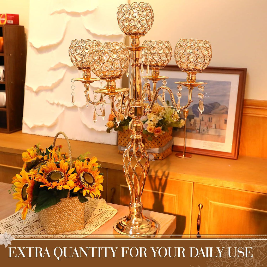 Nitial 4 Pcs 5 Arm Crystal Candelabra Centerpieces for Table 27 Inch Retro Victorian Crystal Candle Holders Bowl Table Centerpieces Decor for Wedding Banquet Valentine Dinner Party Event (Gold)