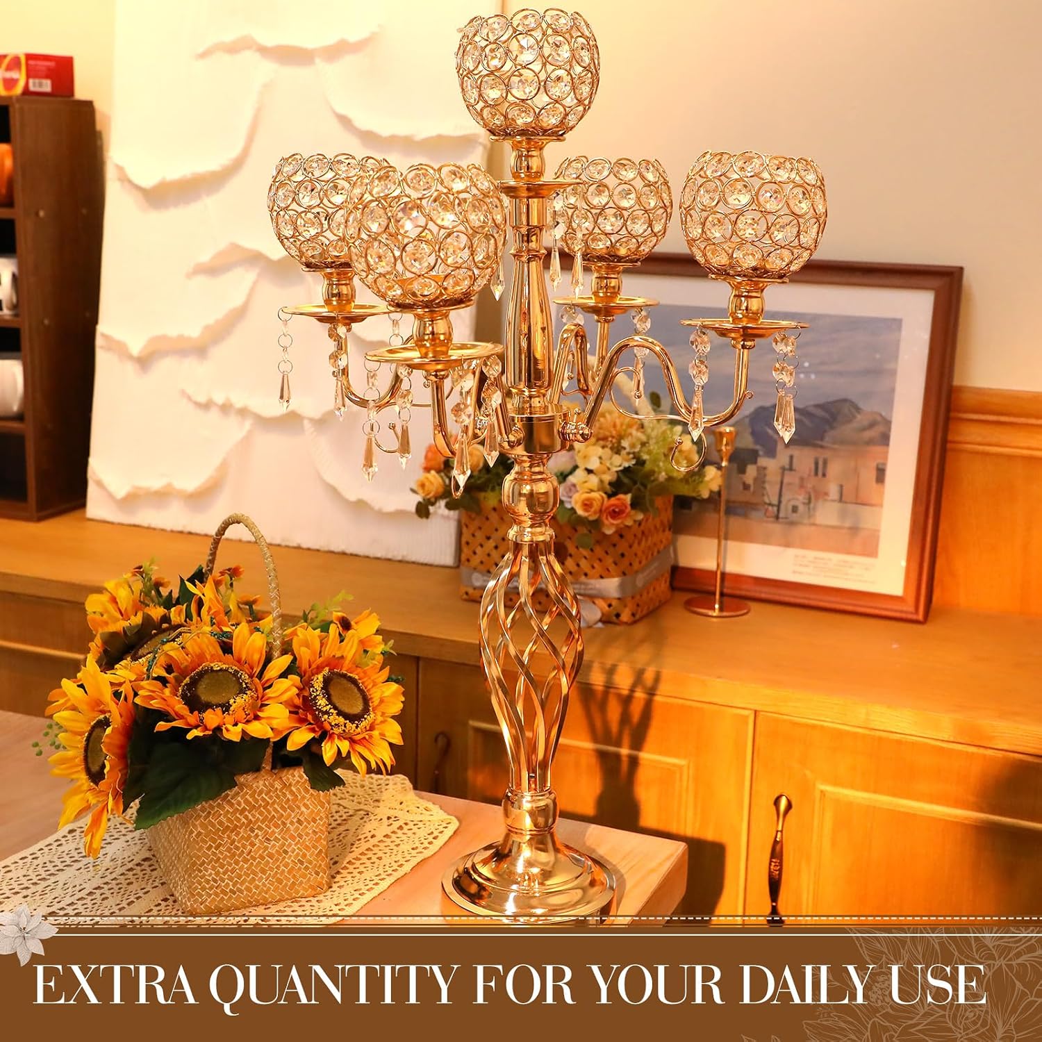 Nitial 8 Pcs 5 Arm Crystal Candelabra Centerpieces for Table 27 Inch Retro Victorian Crystal Candle Holders Bowl Table Centerpieces Decor for Wedding Banquet Valentine Dinner Party Event (Gold)