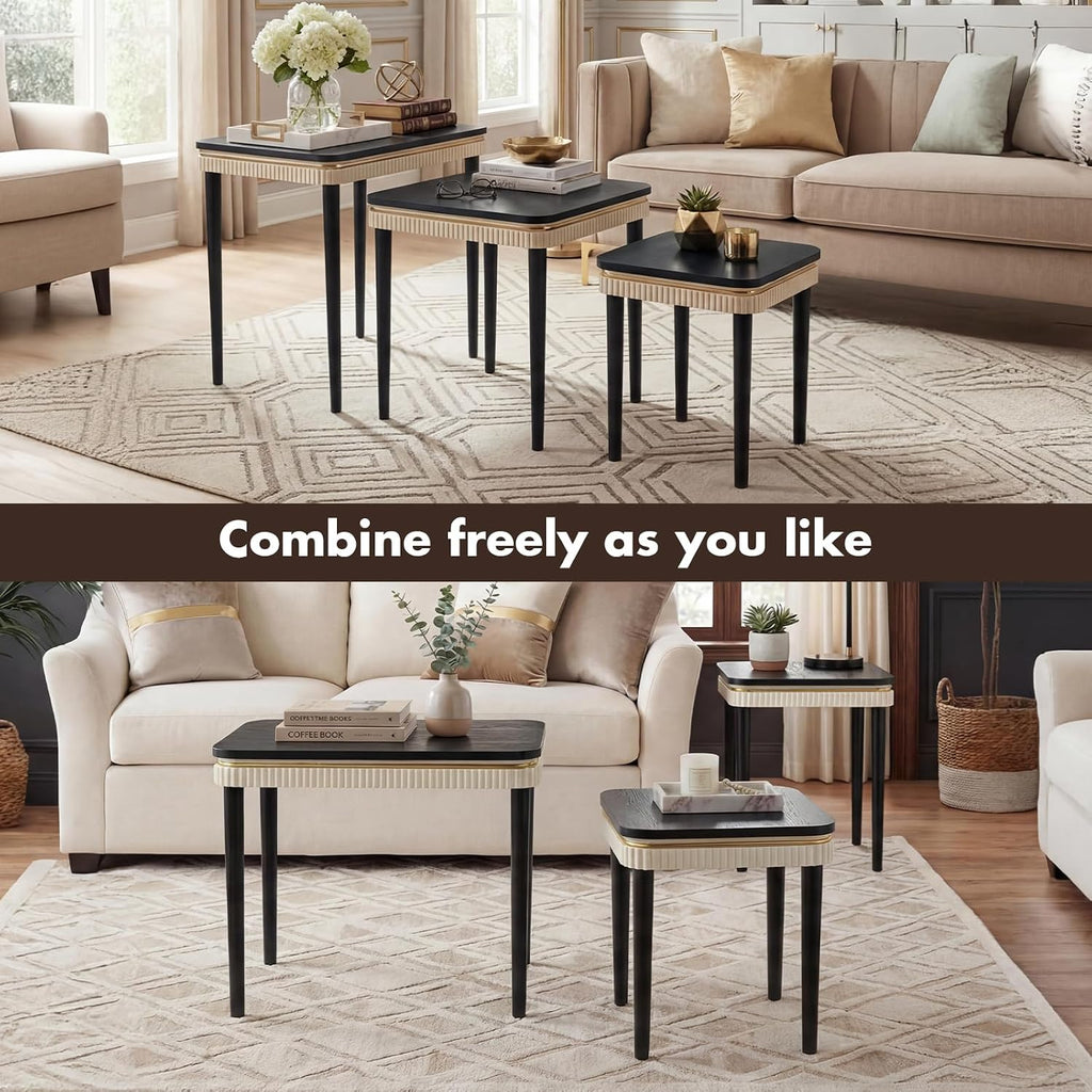 Hyfirm Black Side Table End Table Nesting Tables Set of 3, Retro Nesting Tables with Veneered Top & Gold Trim, Mid Century Modern Nesting Wood Coffee Tables for Living Room/Bedroom/Apartment