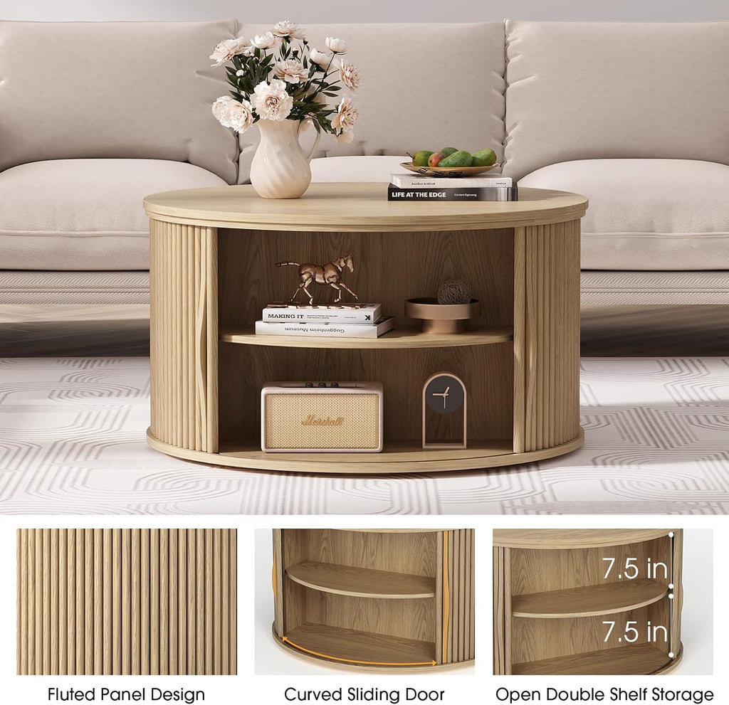 Round Lift Top Coffee Table, 31.5' Mid Century Modern Center Table with Hidden Storage, Fluted Circle Coffee Tables for Living Room, Home Office, Oak