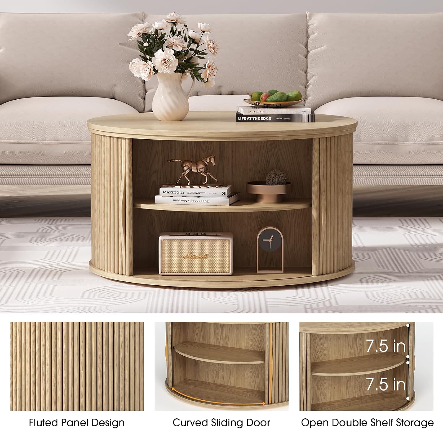 Round Lift Top Coffee Table, 31.5' Mid Century Modern Center Table with Hidden Storage, Fluted Circle Coffee Tables for Living Room, Home Office, Oak