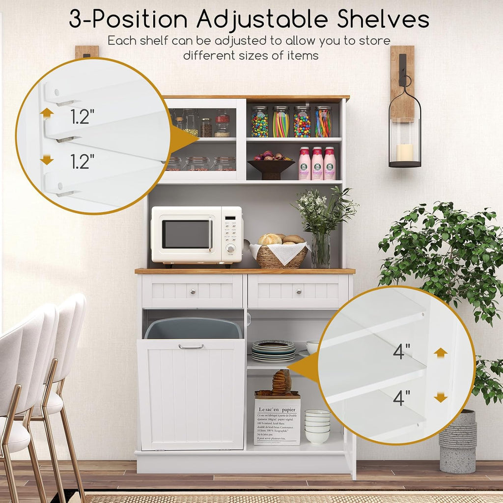 Giantex 68' Tall Kitchen Pantry, Buffet Hutch w/Tilt Out Trash Can Storage Cabinet, 2 Drawer, Shelves, Rubber Wood Microwave Countertop, Wood Sideboard Cupboard for Home Coffee Bar (White & Natural)