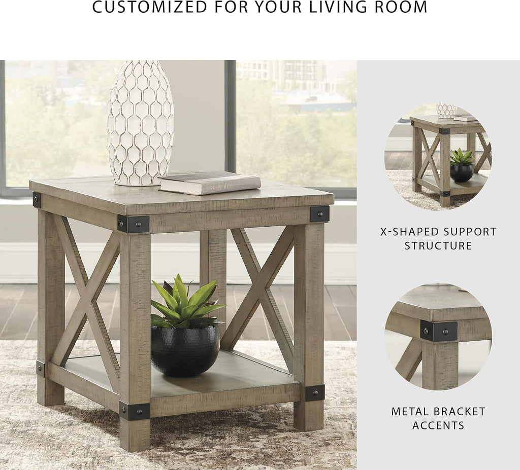 Signature Design by Ashley Aldwin Casual Farmhouse Rectangular End Table with Crossbuck Details, Metal Bracket Accents, Wood, 25' High, Weathered Gray