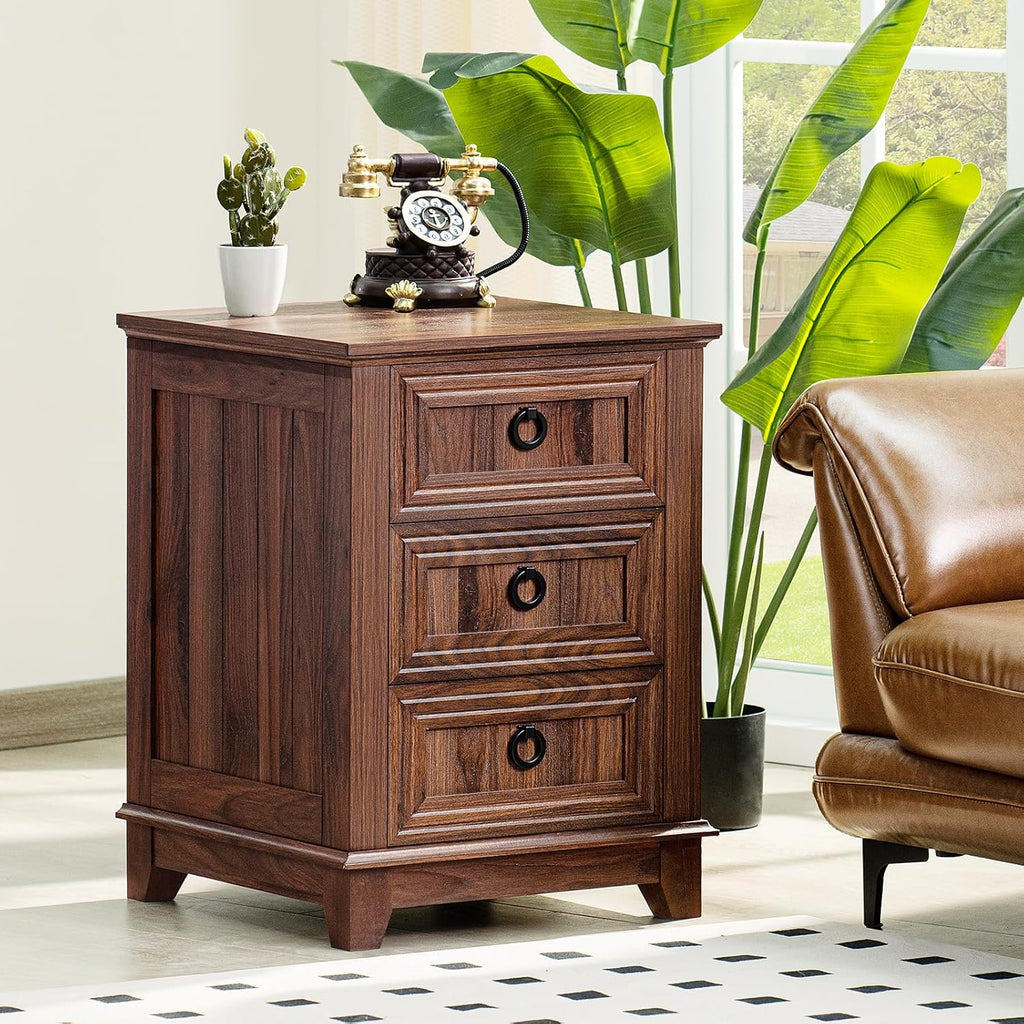 Joaxswe 18' Farmhouse Night Stand with 3 Drawers, Wood End Table Dresser for Bedroom, Retro Nightstand, Bed Side Table with Metal Handle, Bedside Cabinet for Bedroom Living Room, Closet