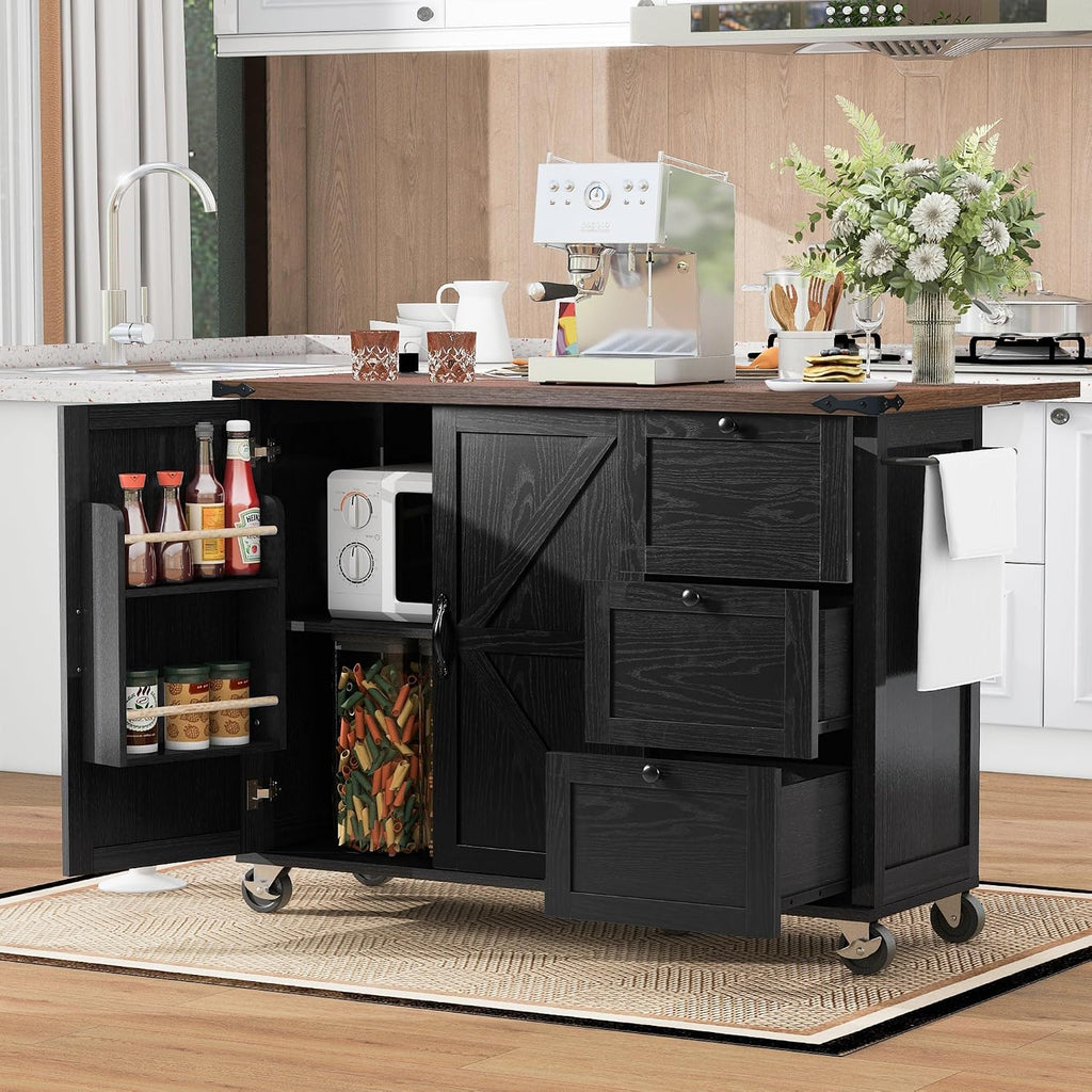 54.5' Farmhouse Mobile Kitchen Island with Power Outlet, Drop Leaf, Spice Rack and Drawer - Rolling Kitchen Cart with Ample Storage, Rustic Storage Islands for Home and Dining Room