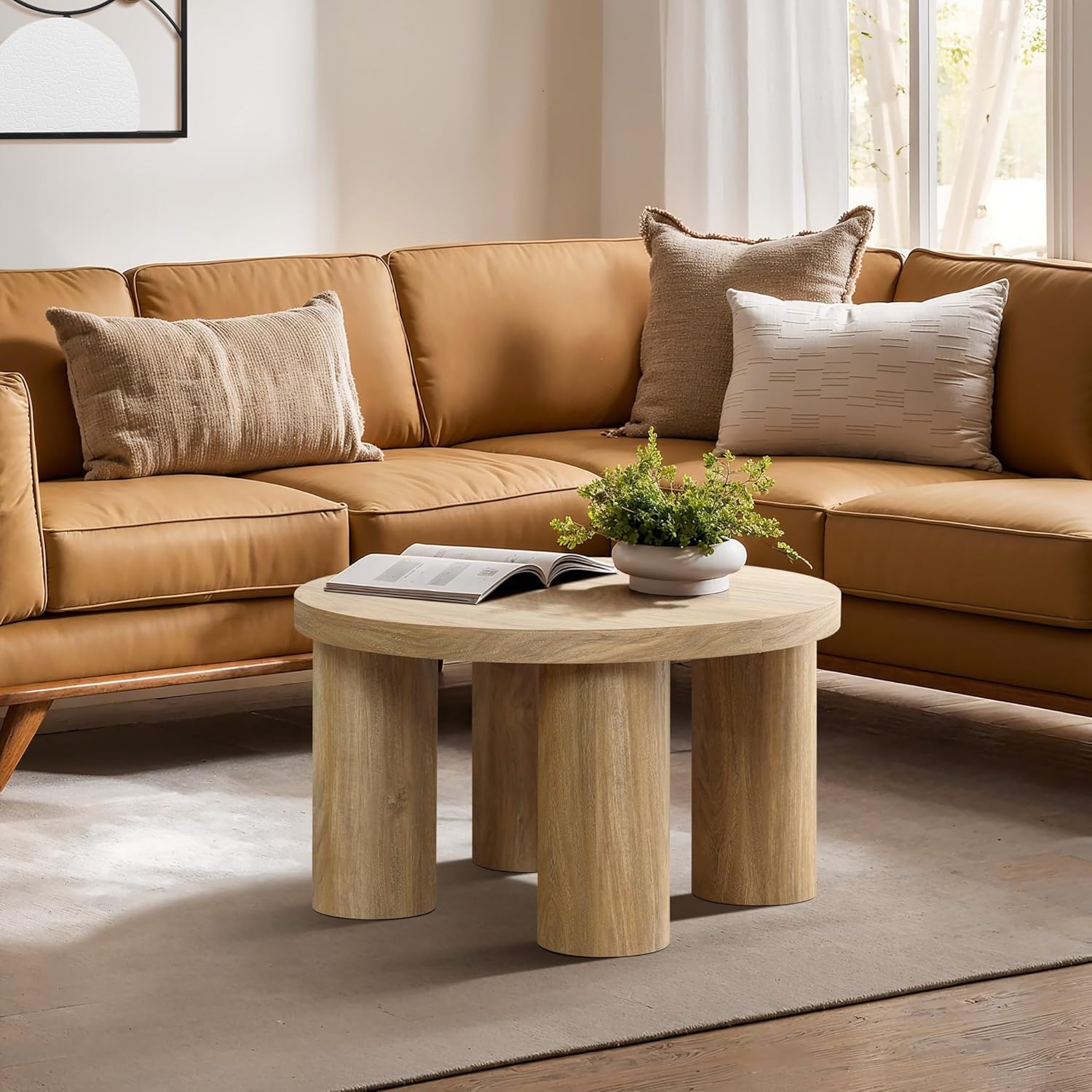 LuxenHome Round Coffee Table with 4 Pillar Legs, 27.5'' Wide Accent Center Table, Modern Farmhouse Oak Finish Wooden Low Cocktail Tea End Table with Sturdy Base for Living Room Home Office