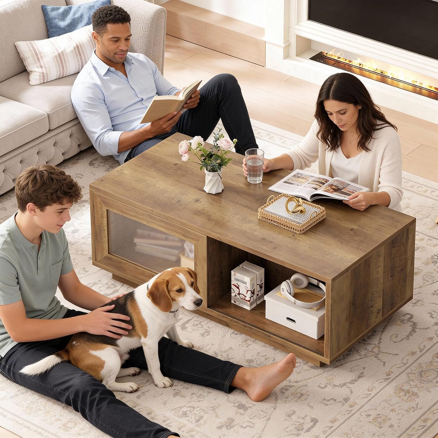 HSH Rustic Coffee Table for Living Room, 47 Inch Modern Wood Rectangle Coffee Tables with Sliding Door and Storage Open Shelf, Large Low Center Table for Home Decor, Rustic Oak