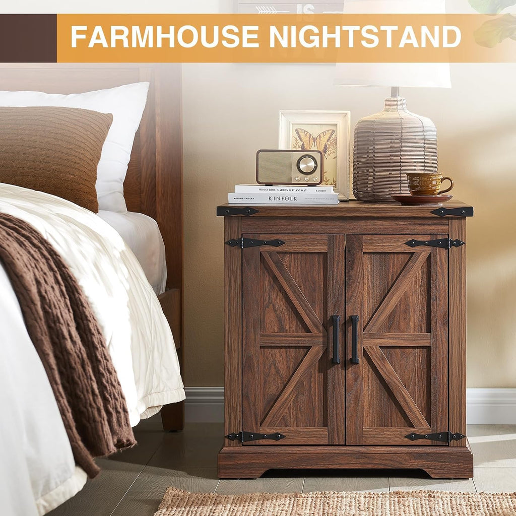 Barnyatoh Farmhouse End Table with Charging Station,Large Side Table with Barn Door, Rustic Wood Square Nightstand Bedside Table with Adjustable Storage Shelf for Living Room, Bedroom,Walnut 2-Pack