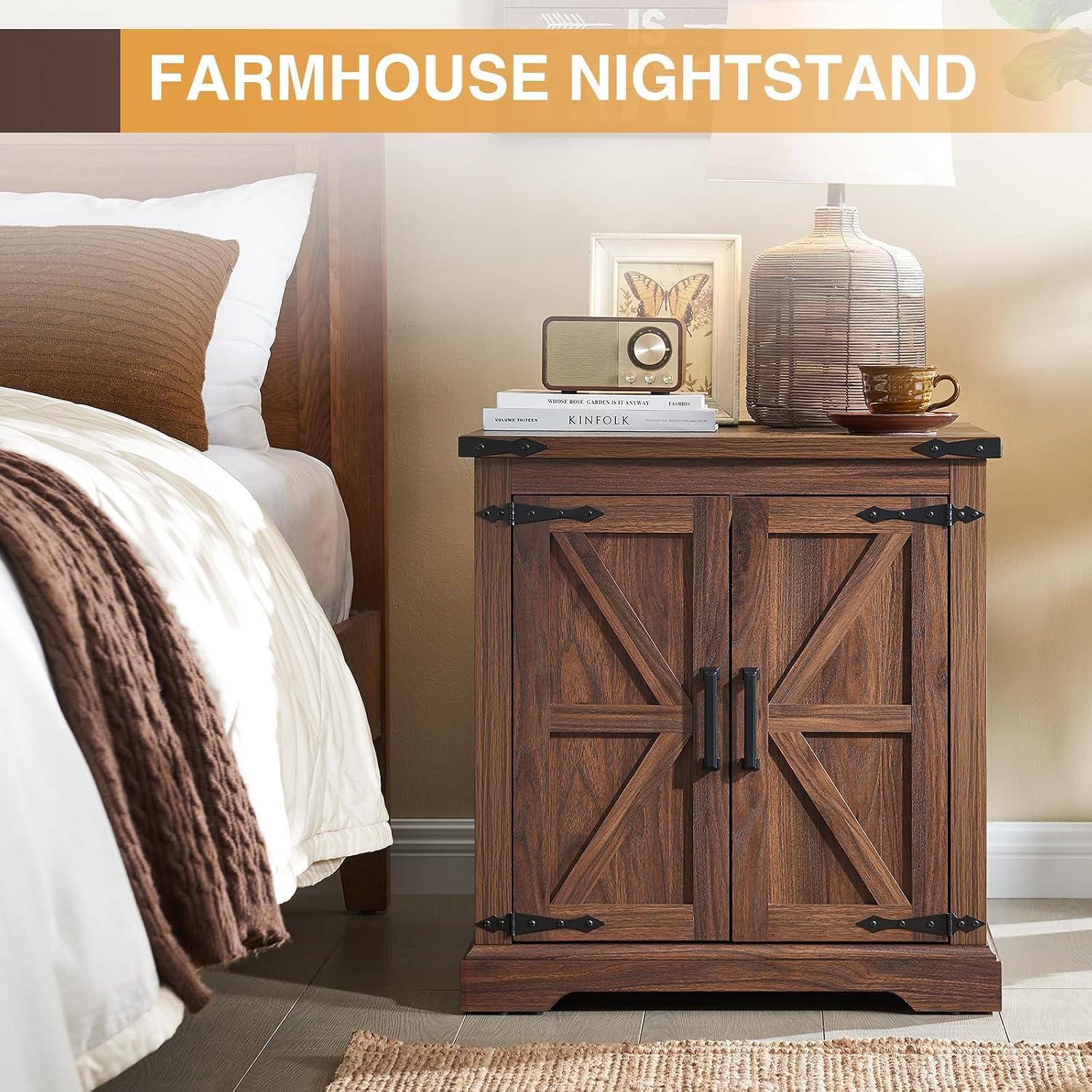 Barnyatoh Farmhouse End Table with Charging Station,Large Side Table with Barn Door, Rustic Wood Square Nightstand Bedside Table with Adjustable Storage Shelf for Living Room, Bedroom,Walnut 2-Pack