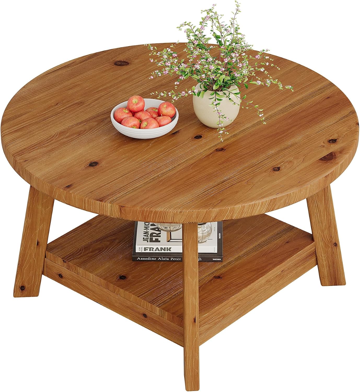 Solid Wood Round Coffee Table for Living Room, 31.5' Farmhouse Wooden 2-Tier Circle Center Cocktail Accent Table with Storage Shelf and Tapered Legs for Apartment, Small Space, Brown