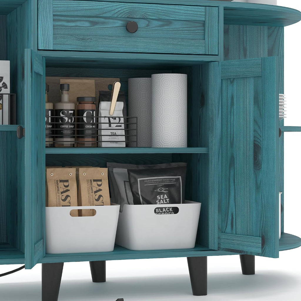52' Sideboard Buffet Cabinet with Power Outlet,Coffee Bar Cabinet with Storage, 3 AC Outlets & 2 USB Ports,Kitchen Storage Cabinet with Drawer and Doors for Dining Room,Vintage Blue
