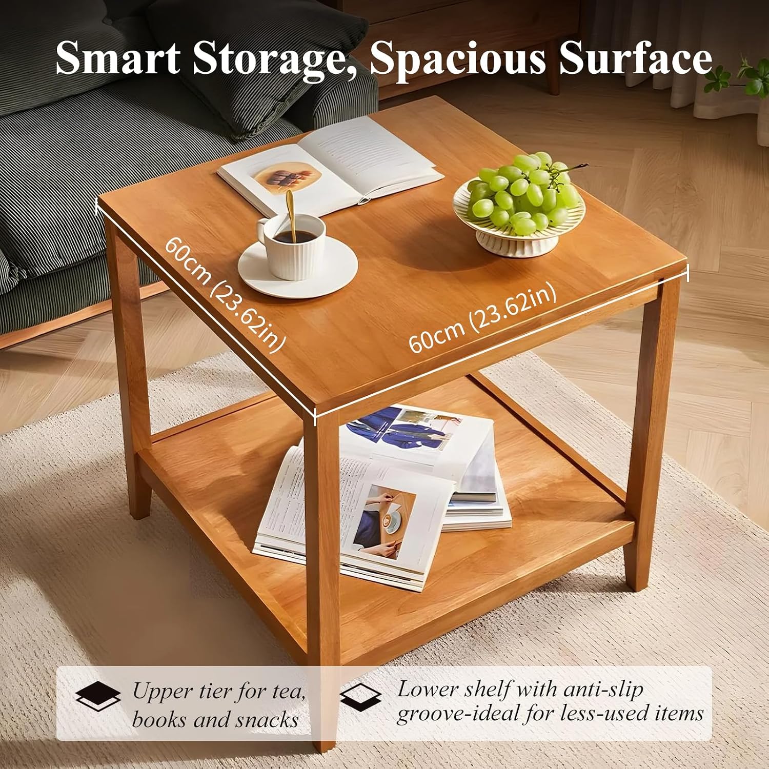 Side Table, Solid Wood Square End Table with Storage Shelf, 2-Tier Coffee Table for Living Room, Rubber Wood Small Sofa Table, Nightstand 23.62 H x 23.62 W x 23.62 D Inches (Natural)