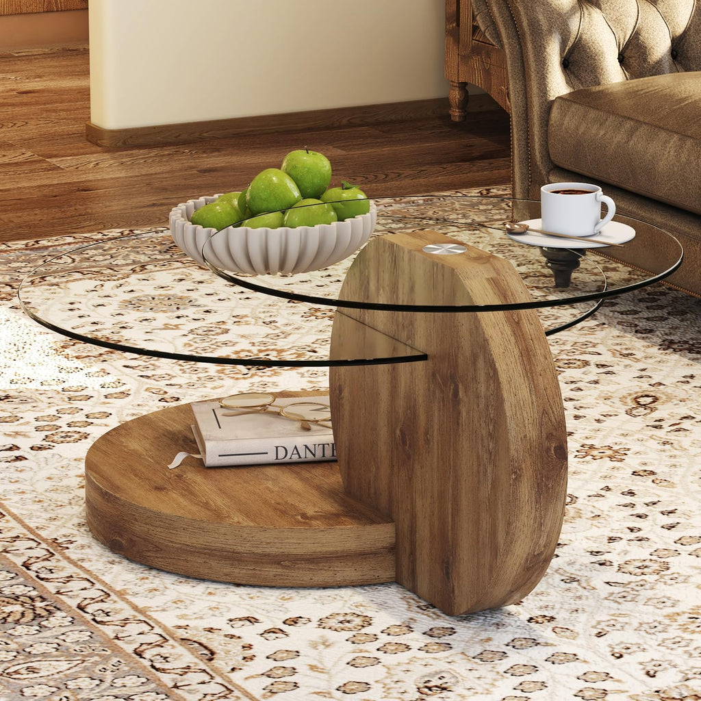 42 Inches Glass Coffee Table, Modern Round Tempered Glass Coffee Tables for Living Room, 3-Tier Circle Wood Coffee Table with Storage Clear Cocktail Table for Small Space Home Office (Wood)