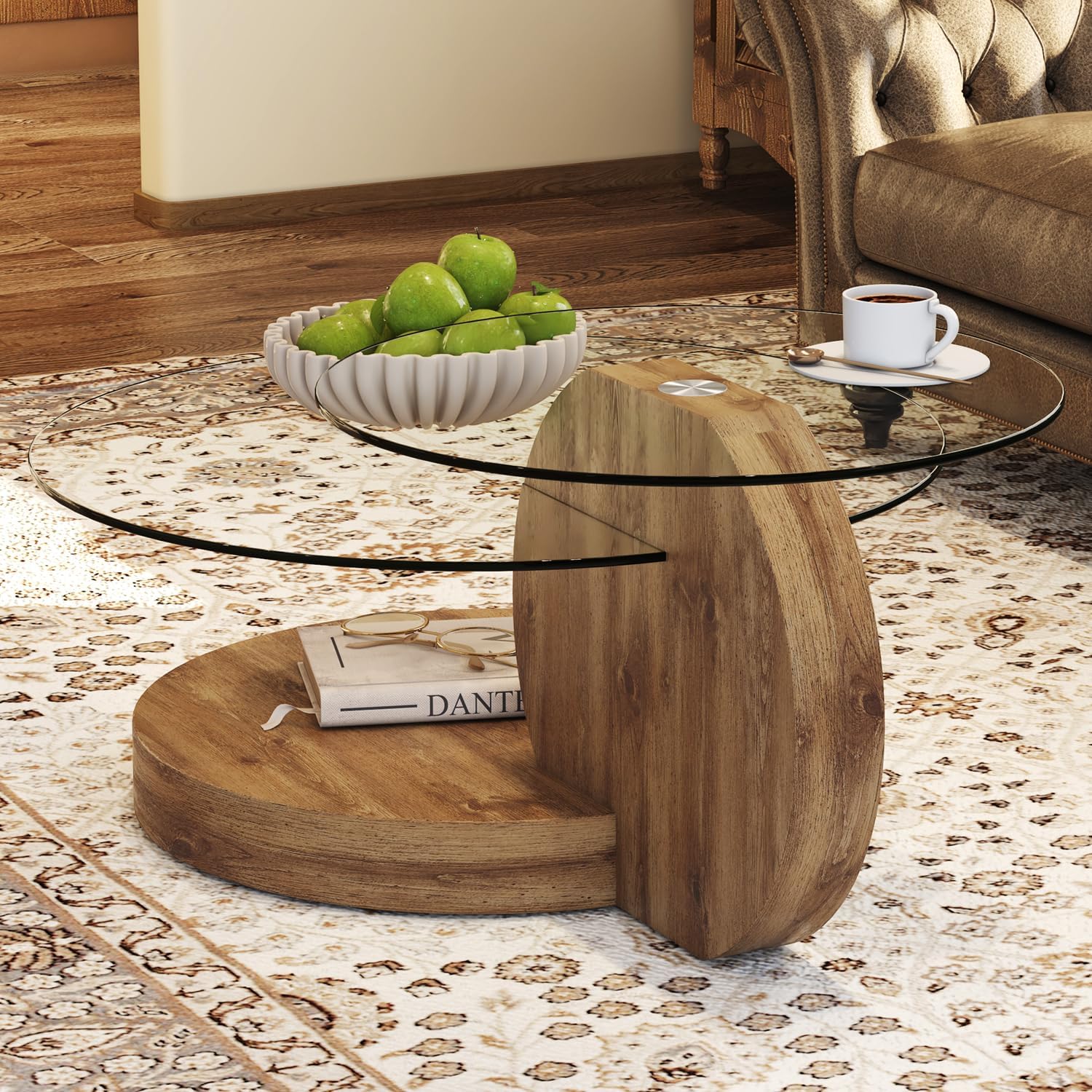42 Inches Glass Coffee Table, Modern Round Tempered Glass Coffee Tables for Living Room, 3-Tier Circle Wood Coffee Table with Storage Clear Cocktail Table for Small Space Home Office (Wood)
