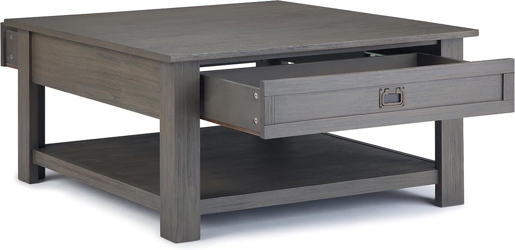 SIMPLIHOME Monroe Square Coffee Table - 38' Wide x 19' High Solid Acacia Wood Living Room Table in Farmhouse Grey, Rustic Cocktail Table for Family Room or Lounge with 2 Drawers and Open Shelf