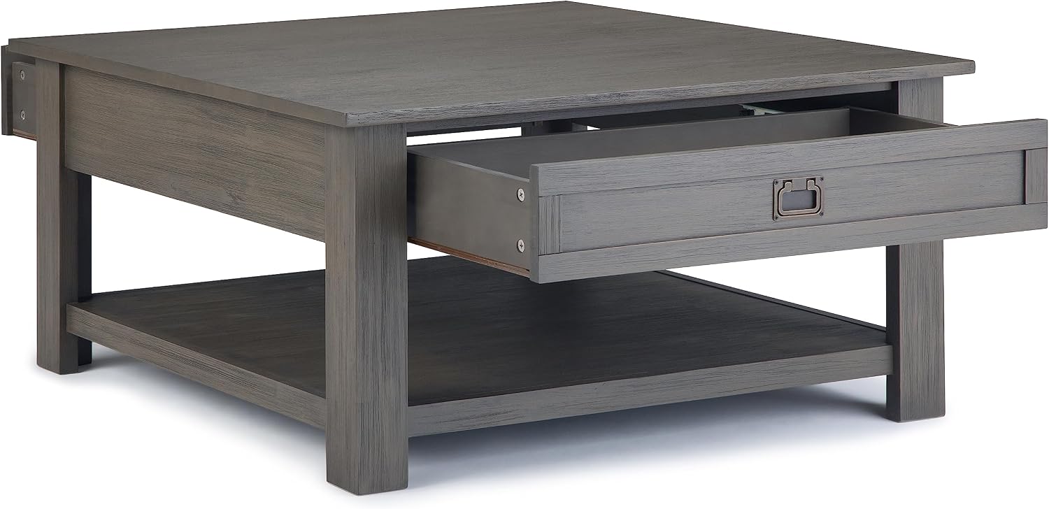 SIMPLIHOME Monroe Square Coffee Table - 38' Wide x 19' High Solid Acacia Wood Living Room Table in Farmhouse Grey, Rustic Cocktail Table for Family Room or Lounge with 2 Drawers and Open Shelf