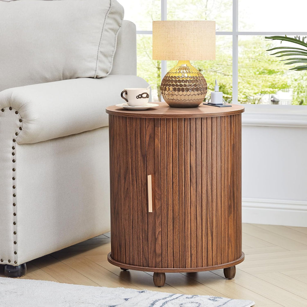 Set of 2 Fluted Round End Table with Charging Station, Small Farmhouse Sofa Side Table with Sliding Tambour Door & Storage, Mid-Century Wood Fulted Nightstands for Living Room, Bedroom (Walnut)