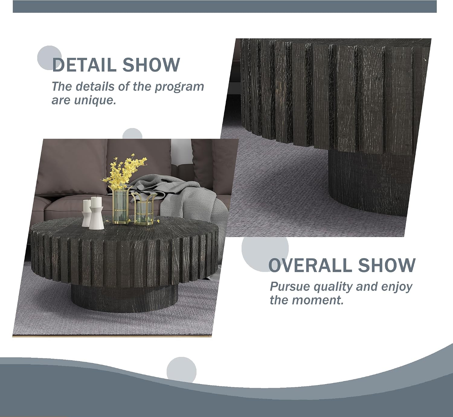 Round Wood Coffee Table for Living Room Modern Rustic Fluted Solid Wood Coffee Table Pedestal Center Table Circle Tea Tables for Apartment Easy Assembly(31.5''Antique Black)