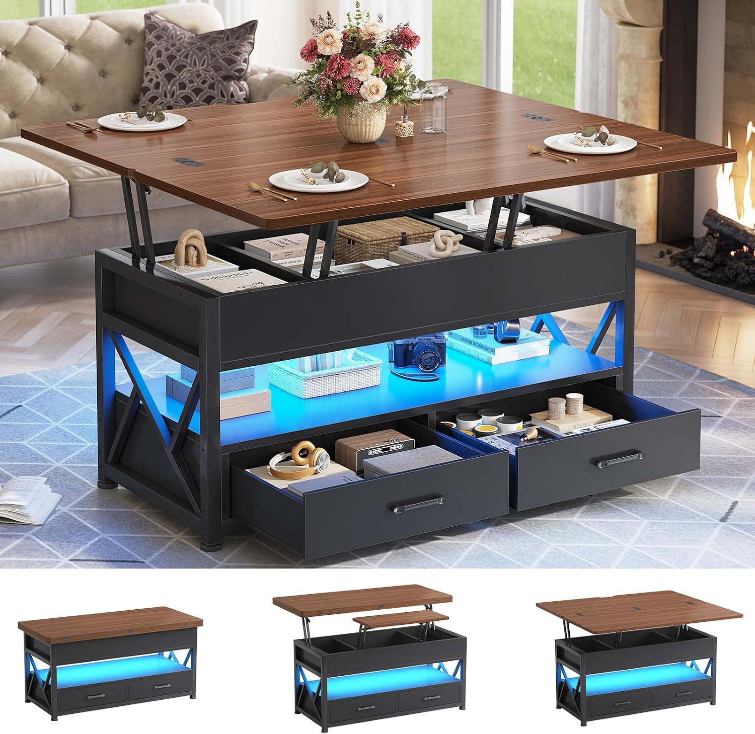 Itaar 40' Lift Top Coffee Table, 4 in 1 White Coffee Tables with Storage for Living Room, Small Coffee Table with 2 Drawers & LED Light for Dining Room, Black+Brown