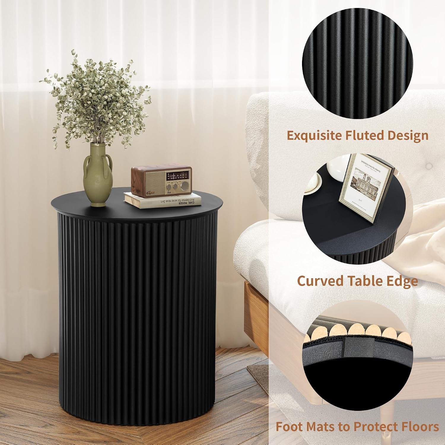 AVZEAR Small Round Side Table Fluted Night Stand Set of 2, 17.7' Mid Century Modern End Table, Circle Bedside Tables Wood Nightstands for Small Spaces, Living Room, Bedroom(Black)