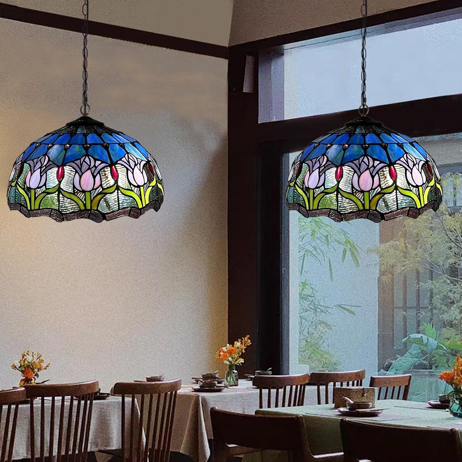 16 Inch Tulip Stained Glass Lampshades, Tiffany Replacement Lamp Shade, Only Handmade Retro Glass Shade Replacement for Table Lamp Pendant Light Floor Lamp Ceiling Fixture,Blue