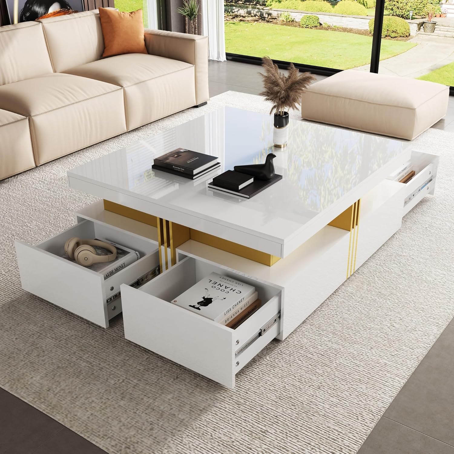 Merax 43.3' Modern Glossy Square Storage Coffee Table with 4 Drawers, Gold Accents, Functional Center Tables for Living Room Apartment, Glossy White